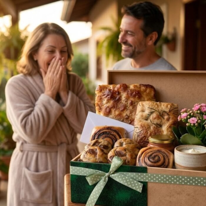 Inicio 89 Cesta de café da manhã artesanal em foco com laço verde, repleta de Pães Artesanais de Fermentação Natural, cookies, geleia e rolinhos de canela. Ao fundo desfocado, uma mulher sorri emocionada ao lado do parceiro na varanda de casa.